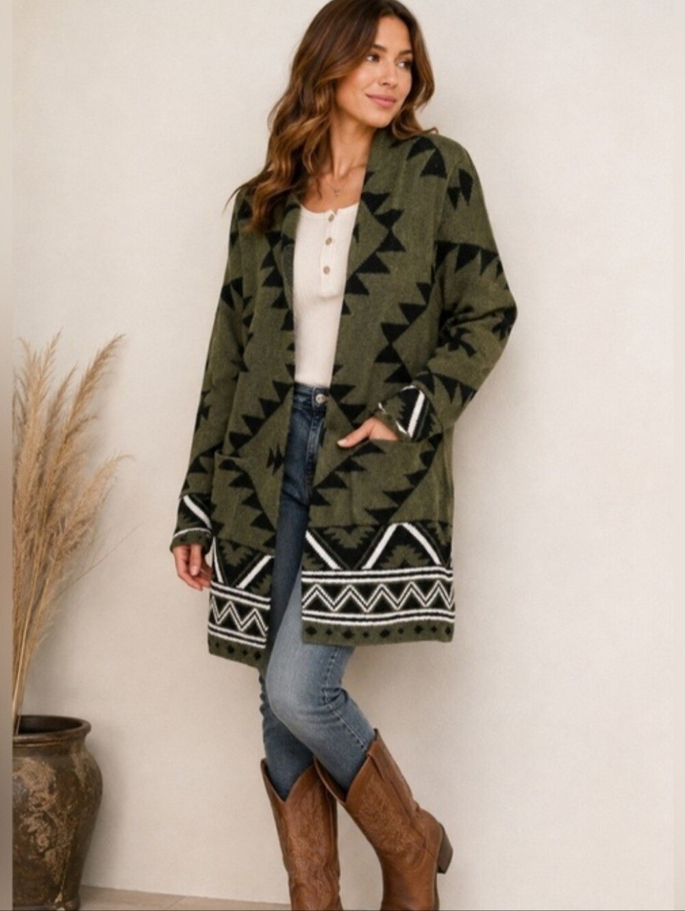 Frye Olive and Black Aztec Open-Front Long Cardigan